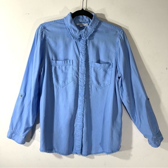 2/$35 Chico's Fringed Button Down Shirt Blue - Picture 1 of 12